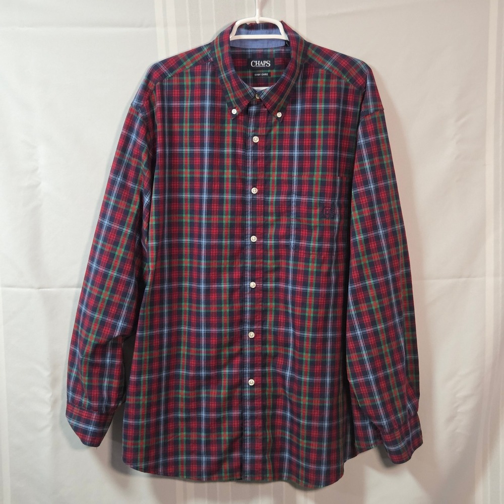 Chaps Button Down Shirt Mens 2XB Red Plaid Easy Care Long Sleeve Big & Tall